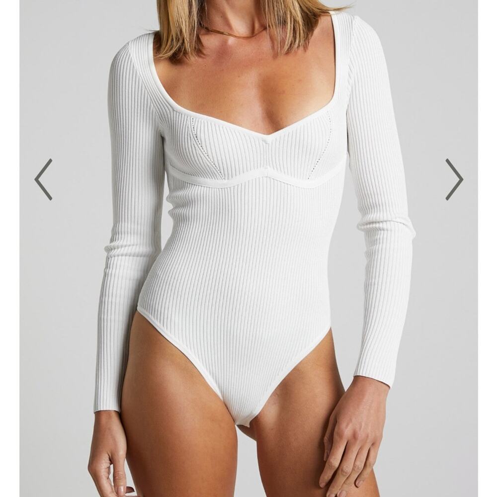 Showpo Keeren Long Sleeve Sweetheart Neck Knit Bodysuit in Ivory Size 6